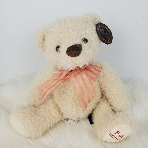 Fao Schwarz Cream Fuzzy Peach Striped Bow Teddy Bear Plush 9.5" NWT - Picture 1 of 14